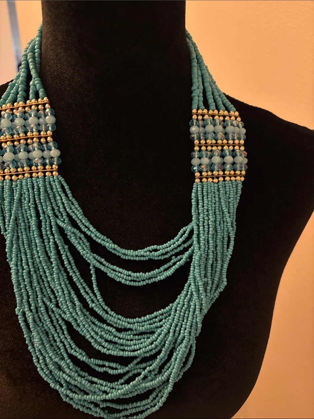 Multi-Strand Turquoise Beaded Necklace with Gold Accents - Women Jewelry
